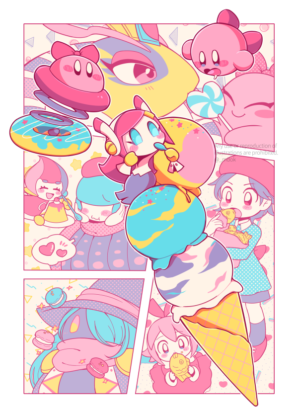 6+girls ^_^ adeleine aqua_hair aqua_shirt artist_name bag beret black_skirt blue_eyes blush blush_stickers border bouncy_(kirby) bow candy cherry chuchu_(kirby) circle claycia closed_eyes closed_mouth collared_shirt commentary_request crown doughnut drawcia dress drooling elline_(kirby) eyelashes fairy fairy_wings food food_on_face fruit gloves grey_hair grey_skirt hair_between_eyes hair_over_eyes hair_over_one_eye hair_ribbon hand_up hands_up hat heart heart_lollipop holding holding_candy holding_food holding_lollipop holding_spoon ice_cream ice_cream_cone kirby kirby_(series) limited_palette lollipop long_hair long_sleeves looking_at_another macaron midooka_(o_k_k) multiple_girls one_eye_covered open_mouth outside_border parted_bangs pink_bow pink_hair pink_scarf plate polka_dot polka_dot_bow polka_dot_headwear polka_dot_scarf polka_dot_shirt pudding purple_headwear queen_sectonia red_dress red_footwear red_headwear red_ribbon ribbon ribbon_(kirby) scarf shaped_lollipop shirt shoes short_hair skirt smile sparkle speech_bubble spoken_heart spoon standing star_(symbol) susie_(kirby) taiyaki triangle triple_scoop twitter_username wagashi watermark white_border white_shirt wings witch_hat yellow_background yellow_eyes yellow_gloves
