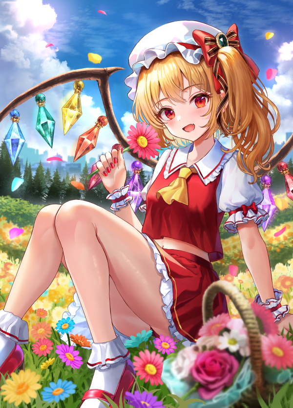 ascot blonde_hair blue_sky clouds crystal field flandre_scarlet flower flower_field hat holding holding_flower looking_at_viewer midriff_peek mob_cap nature one_side_up puffy_short_sleeves puffy_sleeves red_eyes red_skirt red_vest short_sleeves skirt skirt_set sky smile touhou uemura_shun vest white_headwear wings yellow_ascot