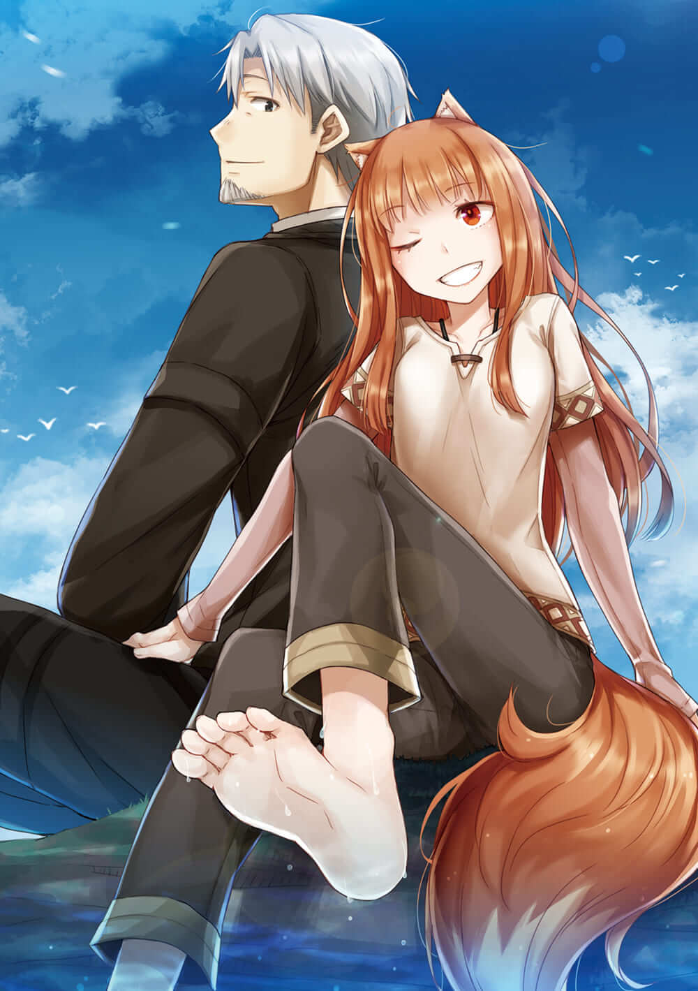 1boy 1girl animal_ears ayakura_juu bare_legs barefoot beard black_jacket black_pants breasts brown_hair clenched_teeth cover cover_page craft_lawrence facial_hair feet foot_focus foot_out_of_frame hand_on_another's_thigh highres holo jacket long_hair long_sleeves novel_cover official_art on_ground one_eye_closed pants red_eyes second-party_source shirt short_hair sitting sky small_breasts soaking_feet spice_and_wolf tail teeth toes white_hair white_shirt wolf_ears wolf_girl wolf_tail