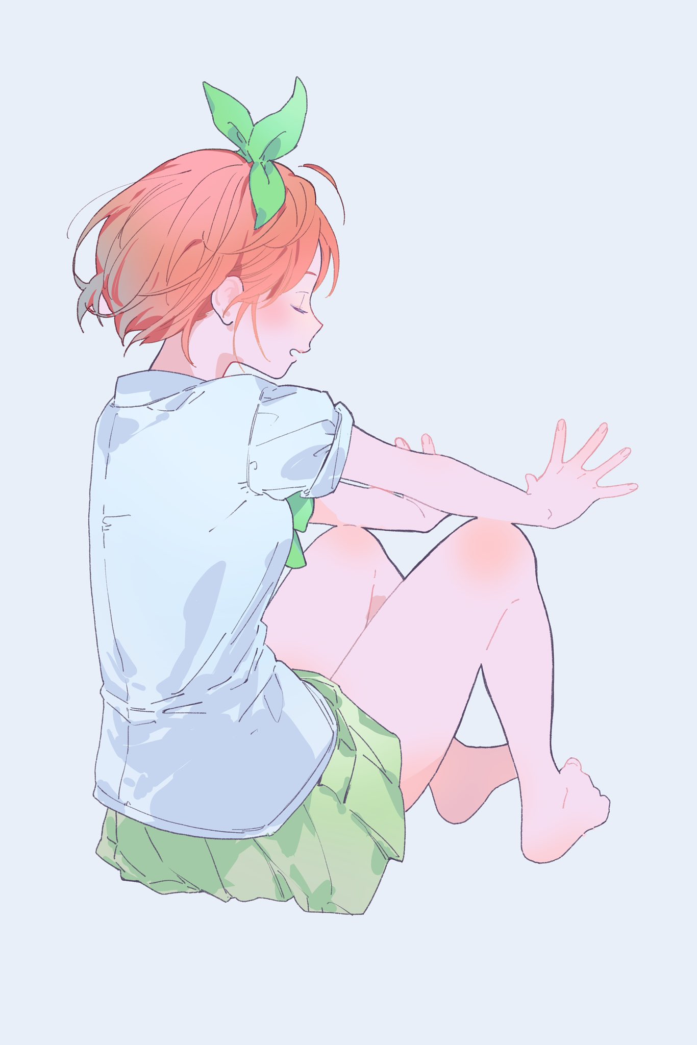 1girl bare_legs barefoot blush closed_eyes commentary eyelashes floating_hair from_side full_body go-toubun_no_hanayome green_ribbon green_skirt hair_ribbon highres hot knees_apart_feet_together knees_up light_blue_background miniskirt nakano_yotsuba open_hands open_mouth outstretched_arms pleated_skirt profile ribbon school_uniform shirt short_hair sitting skirt sleeves_rolled_up solo valentine_(02140314c) white_shirt