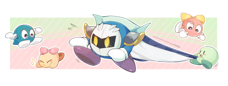 :d ^^^ armor blue_cape blush blush_stickers border bow cape cape_tug character_request closed_eyes commentary_request fallen_down flying_sweatdrops furrowed_brow gloves gradient_background kirby:_right_back_at_ya kirby_(series) lalala_(kirby) lololo_(kirby) looking_at_another mask meta_knight midooka_(o_k_k) no_humans open_mouth outside_border pauldrons pink_bow shoulder_armor simple_background smile violet_eyes white_border white_gloves yellow_bow yellow_eyes