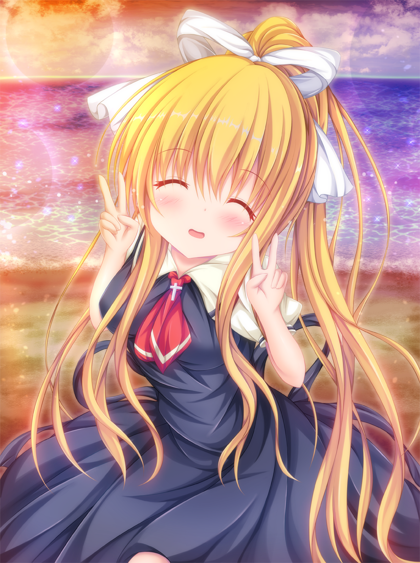 1girl ^_^ air_(visual_novel) animal_ears beach black_dress blush bow breasts cat_ears closed_eyes clouds commentary_request cowboy_shot cross_print double_v dress eyelashes facing_viewer hair_between_eyes hair_bow hair_ribbon hands_up kamio_misuzu lens_flare long_hair manma_(manmamia) medium_breasts necktie ocean open_mouth outdoors ponytail puffy_short_sleeves puffy_sleeves red_necktie ribbon school_uniform shirt short_necktie short_sleeves sidelocks smile solo standing sunset v very_long_hair white_bow white_ribbon yellow_shirt