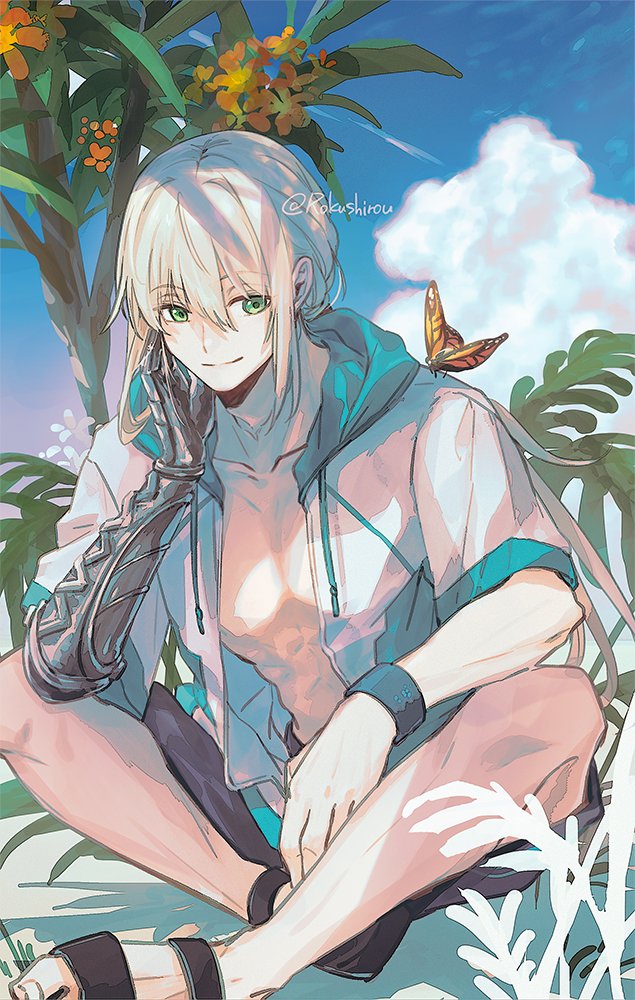 1boy abs airgetlam_(fate) beach bedivere_(fate) black_footwear blue_sky blue_wristband bug butterfly butterfly_on_shoulder clouds collarbone drawstring elbow_on_knee elbow_rest fate/grand_order fate_(series) green_eyes hand_on_own_cheek hand_on_own_face indian_style jacket long_hair looking_at_animal looking_to_the_side male_focus male_swimwear monarch_butterfly mujou_(mjoysk) multicolored_clothes multicolored_jacket official_alternate_costume open_clothes open_jacket orange_butterfly outdoors palm_tree prosthesis prosthetic_arm sandals short_sleeves sitting sky smile solo summer sunlight swim_trunks tree twitter_username two-tone_jacket white_hair white_jacket wristband