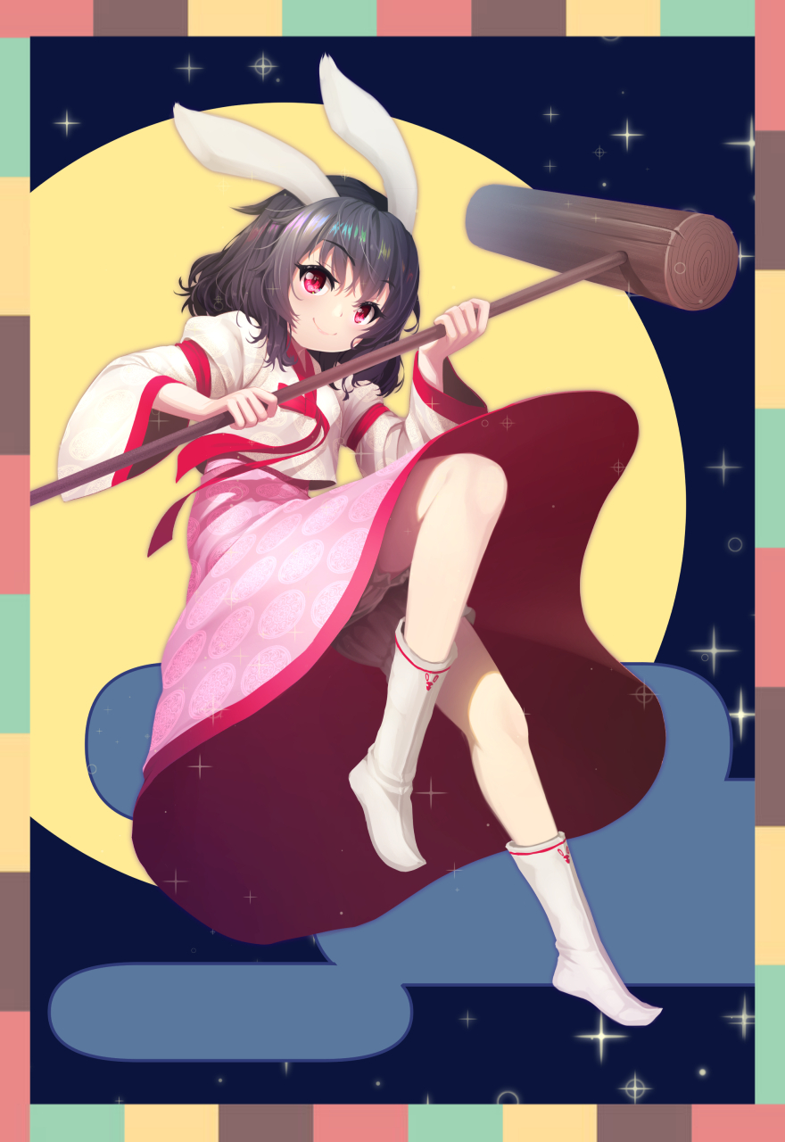 1girl adapted_costume animal_ears black_hair bloomers closed_mouth commentary egasumi eyelashes full_moon hair_between_eyes hammer hands_up highres holding holding_hammer inaba_tewi japanese_clothes juliet_sleeves kimono kine knee_up light_blush long_skirt long_sleeves mallet medium_hair mid-autumn_festival moon night no_shoes nyan_c pink_skirt puffy_sleeves rabbit_ears rabbit_girl red_eyes red_ribbon ribbon skirt smile socks solo sparkle standing standing_on_one_leg symbol-only_commentary touhou underwear white_bloomers white_kimono white_socks wide_sleeves