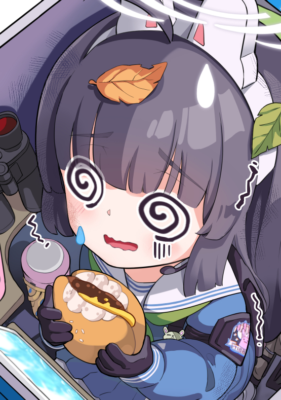 1girl @_@ animal_ears arrow_(symbol) binoculars bird black_hair blue_archive blue_serafuku blush bolt_action burger cameo cheese close-up commentary cup disposable_cup drink drinking_straw eating english_commentary english_text fake_animal_ears food from_above green_neckerchief gun halo henohenomoheji hm_(hmongt) holding holding_food in_container korean_commentary leaf leaf_on_head looking_at_viewer miyu_(blue_archive) mosin-nagant neckerchief pantyhose rabbit_ears recycling_symbol red_eyes rifle school_uniform sensei_(blue_archive) serafuku simple_background solo sparrow squatting tablet_pc trapped trash_can twig twitter_username weapon white_background white_pantyhose