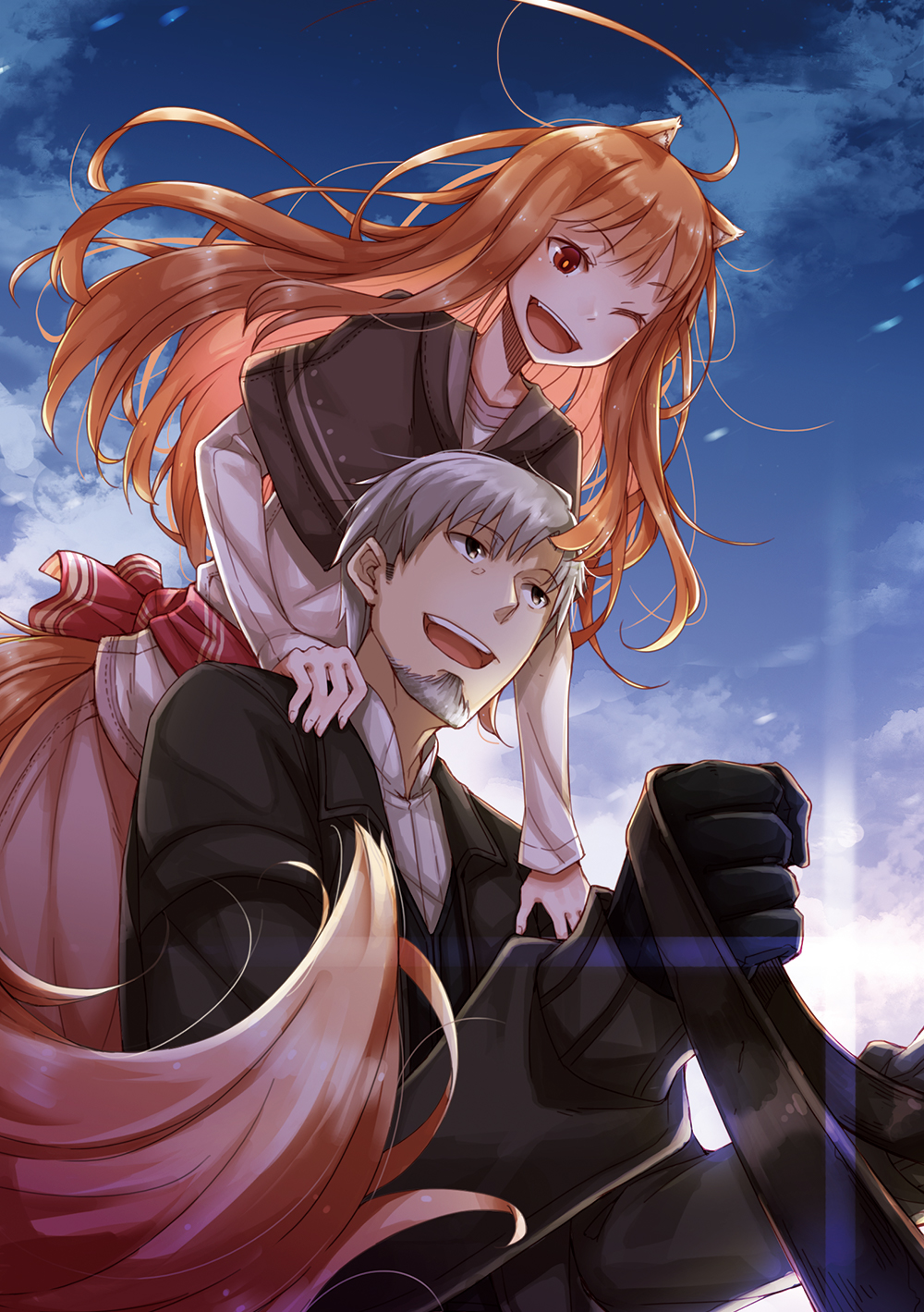 1boy 1girl :d animal_ears ayakura_juu beard black_jacket brown_capelet capelet cover cover_page craft_lawrence facial_hair green_eyes hands_on_another's_shoulders highres holding holding_reins holo jacket long_skirt long_sleeves novel_cover official_art open_mouth orange_hair outdoors pink_skirt red_eyes reins second-party_source shirt sitting skirt sky smile spice_and_wolf standing tail upper_body white_hair white_shirt wolf_ears wolf_girl wolf_tail