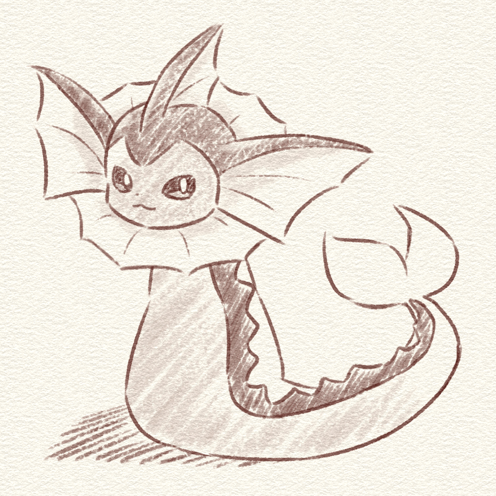 :3 animal_focus closed_mouth commentary_request from_behind full_body greyscale happy looking_back monochrome neko_gyoza no_humans partial_commentary pokemon pokemon_(creature) simple_background sitting sketch smile solo vaporeon white_background