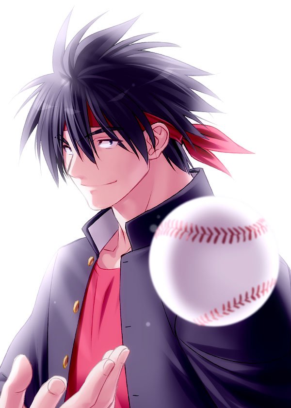 1boy baseball_(object) black_hair black_jacket bloom blue_eyes blurry closed_mouth commentary_request depth_of_field eyes_visible_through_hair hair_between_eyes hairband inohara_masato jacket lips little_busters! looking_at_viewer nose red_hairband red_shirt shirt short_hair simple_background smile solo spiky_hair upper_body v-shaped_eyebrows white_background zen_(kamuro)