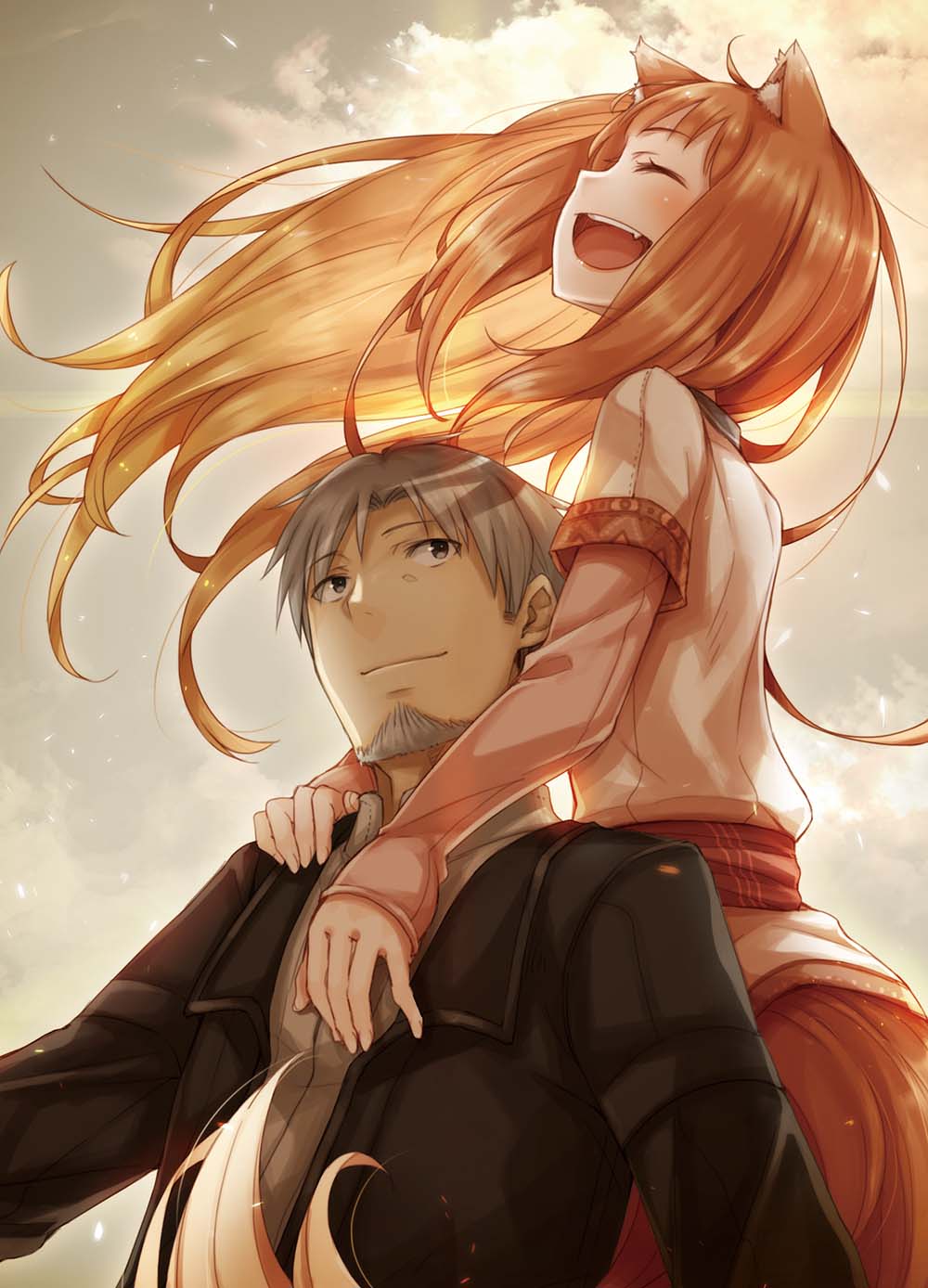 1boy 1girl animal_ears ayakura_juu beard black_jacket closed_eyes closed_mouth cover cover_page craft_lawrence dress facial_hair fang hand_on_another's_chest hand_on_another's_shoulder highres holo hug hug_from_behind jacket long_sleeves novel_cover official_art open_mouth orange_hair pink_shirt profile second-party_source shirt shirt_under_dress short_hair sideways_mouth sky smile spice_and_wolf tail teeth upper_teeth_only white_dress white_hair wolf_ears wolf_girl wolf_tail