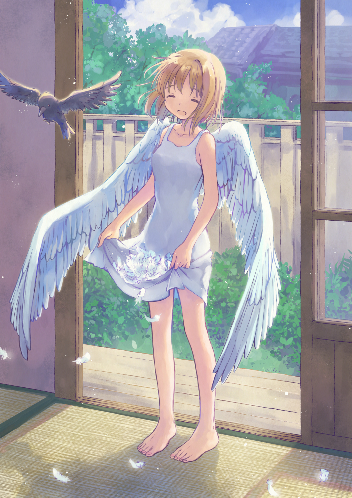1girl :d ^_^ air_(visual_novel) angel_wings architecture bare_arms barefoot bird blonde_hair blue_sky closed_eyes clothes_lift clouds collarbone commentary_request crow day dress dress_lift east_asian_architecture feathered_wings feathers feet fence full_body hair_intakes hikari67 indoors kamio_misuzu lifted_by_self nail_polish open_mouth short_hair sky smile solo spoilers sundress tatami toenail_polish toenails toes tree white_feathers white_wings wings