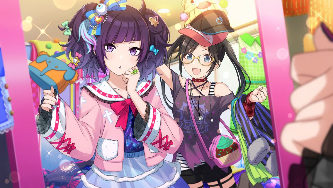 2girls :d :o arm_up bag baseball_cap beanie black_shorts blue_eyes blue_shirt blue_skirt blunt_bangs blurry blurry_foreground blush bow bowtie brown_hair cardigan choker commentary cowboy_shot cross_print diagonal_bangs eyeball_hair_ornament female_pov food-themed_hair_ornament frilled_sailor_collar frills fur_trim game_cg garter_straps hair_bow hair_ornament hand_on_own_cheek hand_on_own_face hat holding holding_clothes idolmaster idolmaster_shiny_colors indoors jewelry lens_flare looking_at_mirror mirror mitsumine_yuika multiple_girls multiple_hair_bows multiple_hats off-shoulder_shirt off_shoulder official_art open_mouth parted_lips pink_bow pink_bowtie pink_cardigan pink_nails pov purple_hair red_choker reflection ribbon-trimmed_sleeves ribbon_trim ring sailor_collar shirt short_twintails shorts skirt smile sparkle tanaka_mamimi tank_top thigh_strap twintails v-shaped_eyebrows violet_eyes white_sailor_collar yellow-framed_eyewear