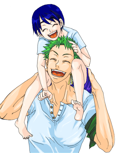 1boy 1girl bandana_around_arm blue_hair carrying child closed_eyes dark_blue_hair earrings female_child green_hair hand_on_another's_head happy jewelry kuina nin-noro one_piece open_mouth piggyback roronoa_zoro short_hair single_earring smile teeth time_paradox