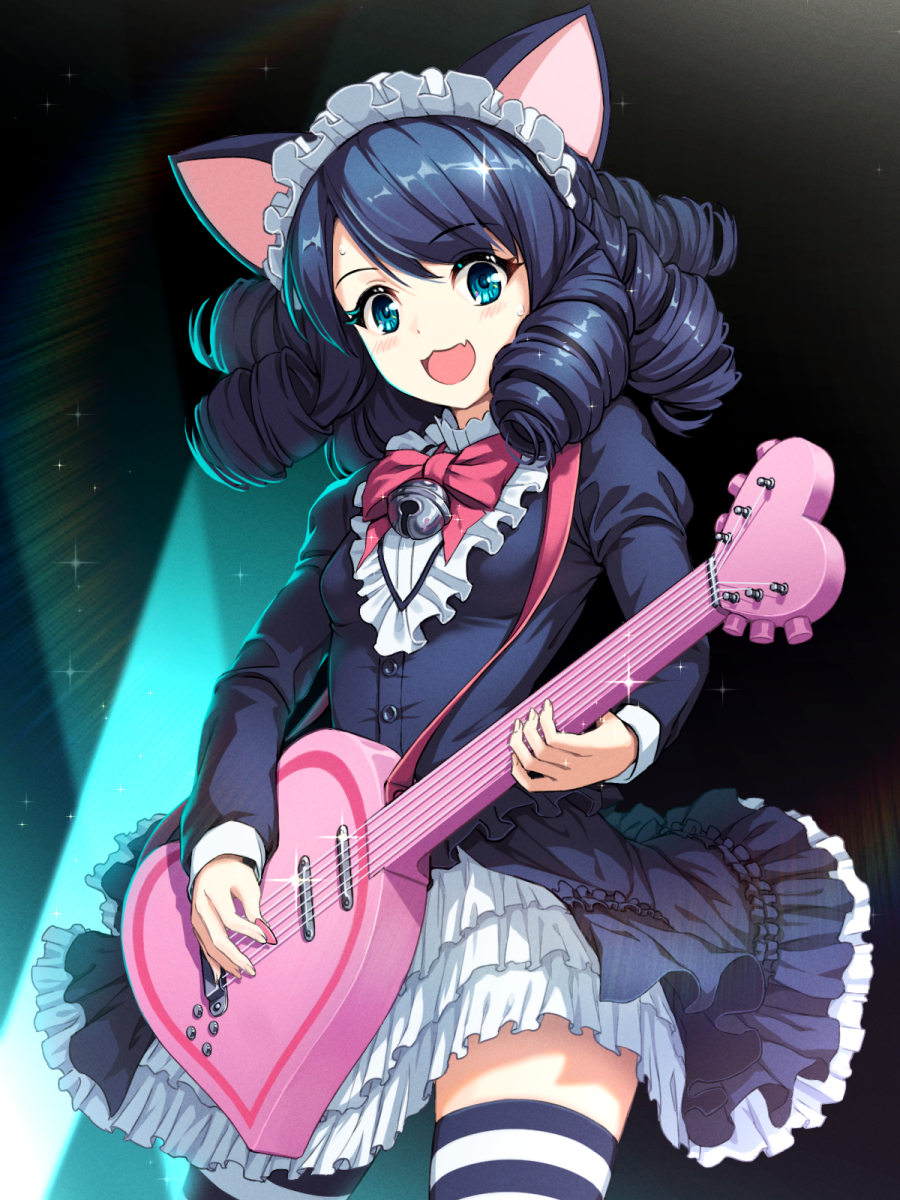 1girl :3 animal_ears aqua_eyes birthday black_background black_dress black_hair blush breasts cat_ears commentary_request cowboy_shot cyan_(show_by_rock!!) dress drill_hair eyelashes fang frilled_dress frills guitar happy_birthday heart highres holding holding_instrument holding_plectrum instrument lens_flare long_sleeves looking_down maid_headdress medium_hair music nyan_c open_mouth petticoat playing_instrument plectrum show_by_rock!! simple_background skin_fang small_breasts smile solo sparkle spotlight standing striped striped_thighhighs sweatdrop swept_bangs thigh-highs