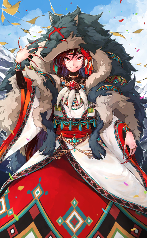 1girl asymmetrical_bangs bandana black_sleeves blue_sky bracelet brown_hair closed_mouth clouds coat coat_on_shoulders confetti dress fang fang_out fingernails fur_coat grey_pupils hand_up hokuto_(scichil) imaizumi_kagerou jewelry layered_dress layered_sleeves leaf long_dress long_hair long_sleeves looking_at_viewer multiple_rings necklace official_alternate_costume official_art orange_eyes red_bandana red_eyes red_skirt ring scar scar_on_face sharp_fingernails skirt sky smile tassel third-party_source tooth_hair_ornament tooth_necklace touhou touhou_cannonball v-shaped_eyebrows white_dress wide_sleeves wolf