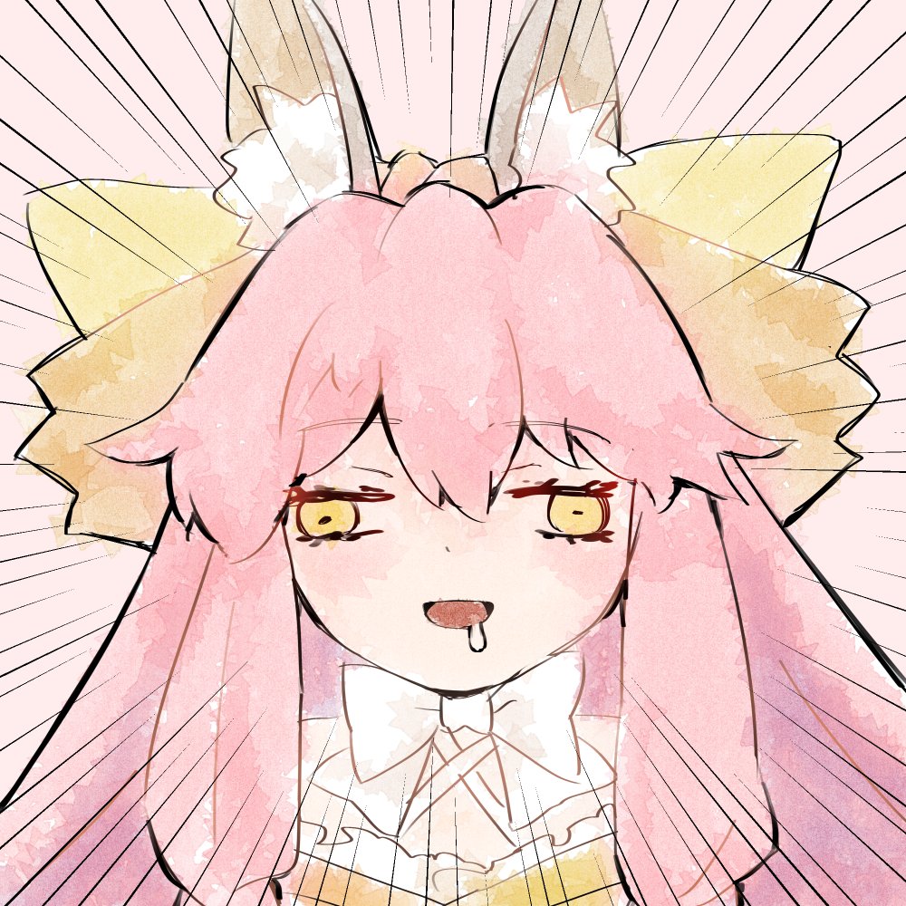 1girl animal_ear_fluff animal_ears blush bow close-up commentary drooling emphasis_lines english_commentary fate/samurai_remnant fate_(series) fox_ears long_hair open_mouth pink_hair saliva sketch smile solo tamamo_(fate) tamamo_aria viroa wall-eyed white_bow yellow_eyes