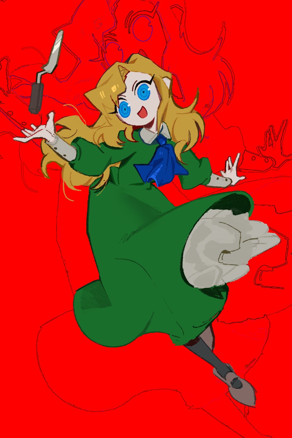 1girl ascot black_socks blonde_hair blue_ascot blue_eyes brown_footwear dress full_body green_dress highres ib long_hair long_sleeves mary_(ib) open_mouth palette_knife puffy_long_sleeves puffy_sleeves red_background shd_eod shoes simple_background smile socks solo