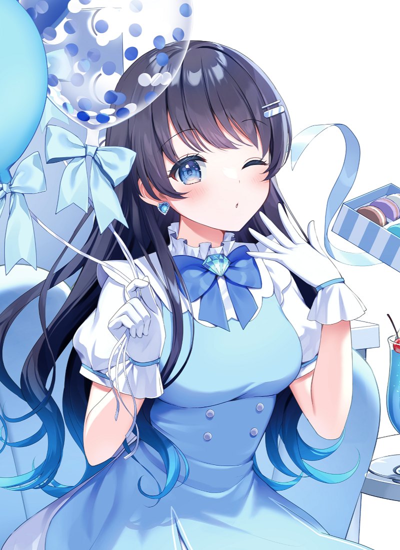 1girl balloon black_hair blue_bow blue_bowtie blue_dress blue_eyes blue_hair blue_ribbon bow bowtie box breasts commentary_request dress earrings flipped_hair food frilled_dress frilled_gloves frills gift gift_box gloves gradient_hair hair_ornament hairclip heart heart_earrings holding holding_balloon indie_virtual_youtuber jewelry juliet_sleeves long_sleeves looking_at_viewer macaron medium_breasts momoshiki_tsubaki multicolored_hair nanami_urara_(vtuber) one_eye_closed parted_lips puffy_sleeves ribbon sidelocks simple_background smile solo swept_bangs virtual_youtuber white_background white_gloves
