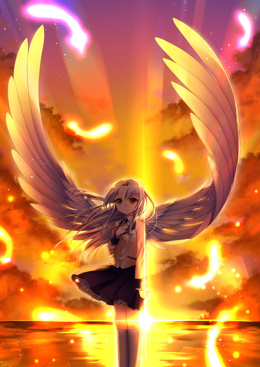 1girl angel angel_beats! angel_wings arm_at_side backlighting black_shirt bloom closed_mouth clouds commentary_request feathered_wings feet_out_of_frame floating_hair frilled_skirt frills full_body hair_between_eyes hand_up highres jacket kirisita light_particles long_hair long_sleeves looking_at_viewer miniskirt neck_ribbon ocean orange_sky outdoors ribbon school_uniform shirt skirt sky smile socks solo standing sunset tachibana_kanade white_hair white_socks white_wings wind wind_lift wings yellow_eyes yellow_jacket yellow_ribbon