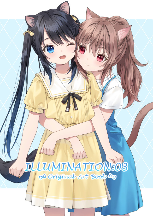 2girls ;d animal_ears anz32 black_hair blue_background blue_dress blue_eyes bow brown_hair cat_ears cat_girl cat_tail closed_mouth collared_dress commentary_request cover cover_page dog_ears dog_girl dog_tail dotted_line dress frilled_shirt_collar frills hair_between_eyes hair_bow hug multiple_girls nail_polish one_eye_closed original pleated_dress ponytail puffy_short_sleeves puffy_sleeves red_eyes shirt short_sleeves sleeveless sleeveless_dress smile tail twintails two-tone_background white_background white_shirt yellow_bow yellow_dress yellow_nails