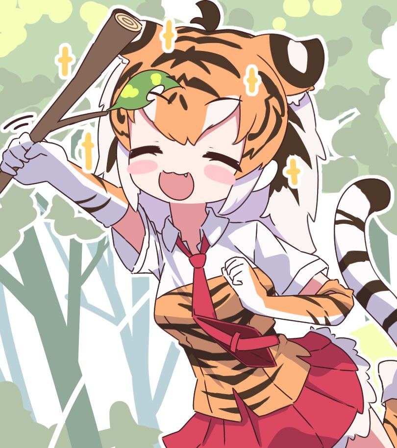 1girl animal_ears animal_print arm_up black_hair blush_stickers chibi closed_eyes collared_shirt colored_inner_hair cowboy_shot day elbow_gloves fang gloves hand_up happy holding holding_stick kemono_friends medium_hair miniskirt multicolored_clothes multicolored_hair multicolored_shirt necktie open_mouth orange_hair outdoors outline outstretched_arm pleated_skirt print_gloves print_shirt red_necktie red_skirt running sarutori shirt short_sleeves skirt smile solo stick sumatran_tiger_(kemono_friends) tail tiger_ears tiger_girl tiger_print tiger_tail white_hair white_outline wing_collar