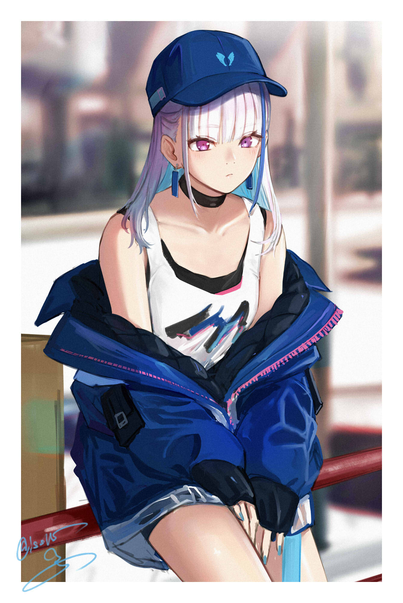 1girl baseball_cap black_choker black_tank_top blue_hair blue_headwear blue_jacket blue_nails blunt_bangs blush border choker collarbone colored_inner_hair earrings expressionless handrail hat highres isshiki_(ffmania7) jacket jewelry lize_helesta lize_helesta_(8th_costume) multicolored_hair nijisanji off_shoulder open_clothes open_jacket sidelocks signature sitting sitting_on_object sleeves_past_wrists solo streaked_hair tank_top violet_eyes virtual_youtuber white_border white_hair white_tank_top wing_print