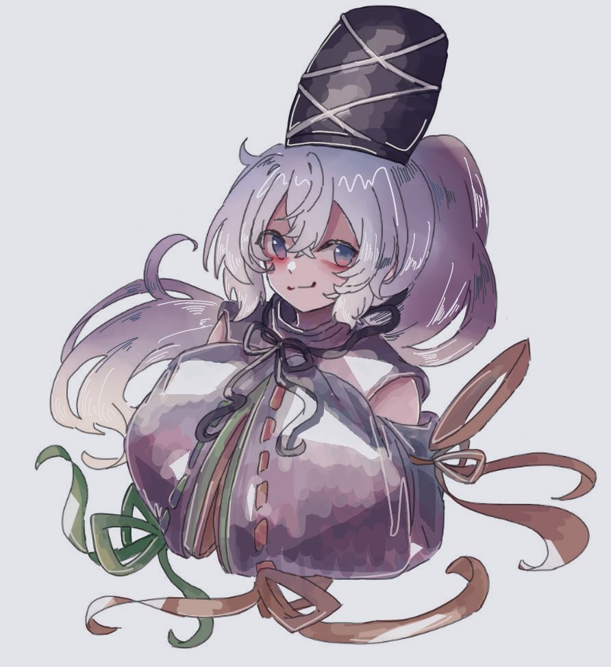 1girl 87ilil black_headwear closed_mouth commentary_request full_body grey_background grey_eyes grey_hair hat long_hair looking_at_viewer mononobe_no_futo ponytail ribbon-trimmed_sleeves ribbon_trim simple_background smile solo tate_eboshi touhou upper_body