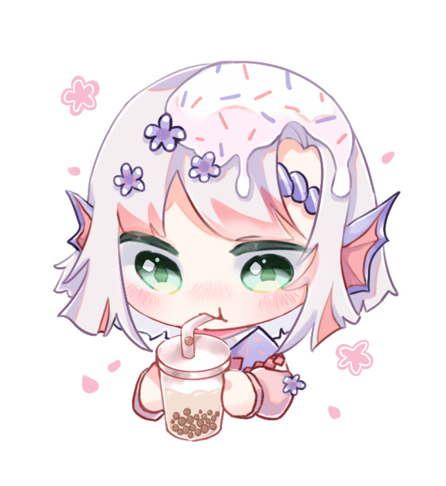 1girl asymmetrical_bangs blush blush_stickers bow bowtie bubble_tea capelet chibi drink drinking drinking_straw english_commentary fins flower food food_on_head green_eyes hair_flower hair_ornament head_fins holding holding_drink icing long_sleeves looking_at_object looking_down object_on_head original petals pink_bow pink_bowtie pink_flower puffy_long_sleeves puffy_sleeves purple_capelet purple_flower short_hair sketch sprinkles transparent_background upper_body white_hair white_sleeves yukomeow