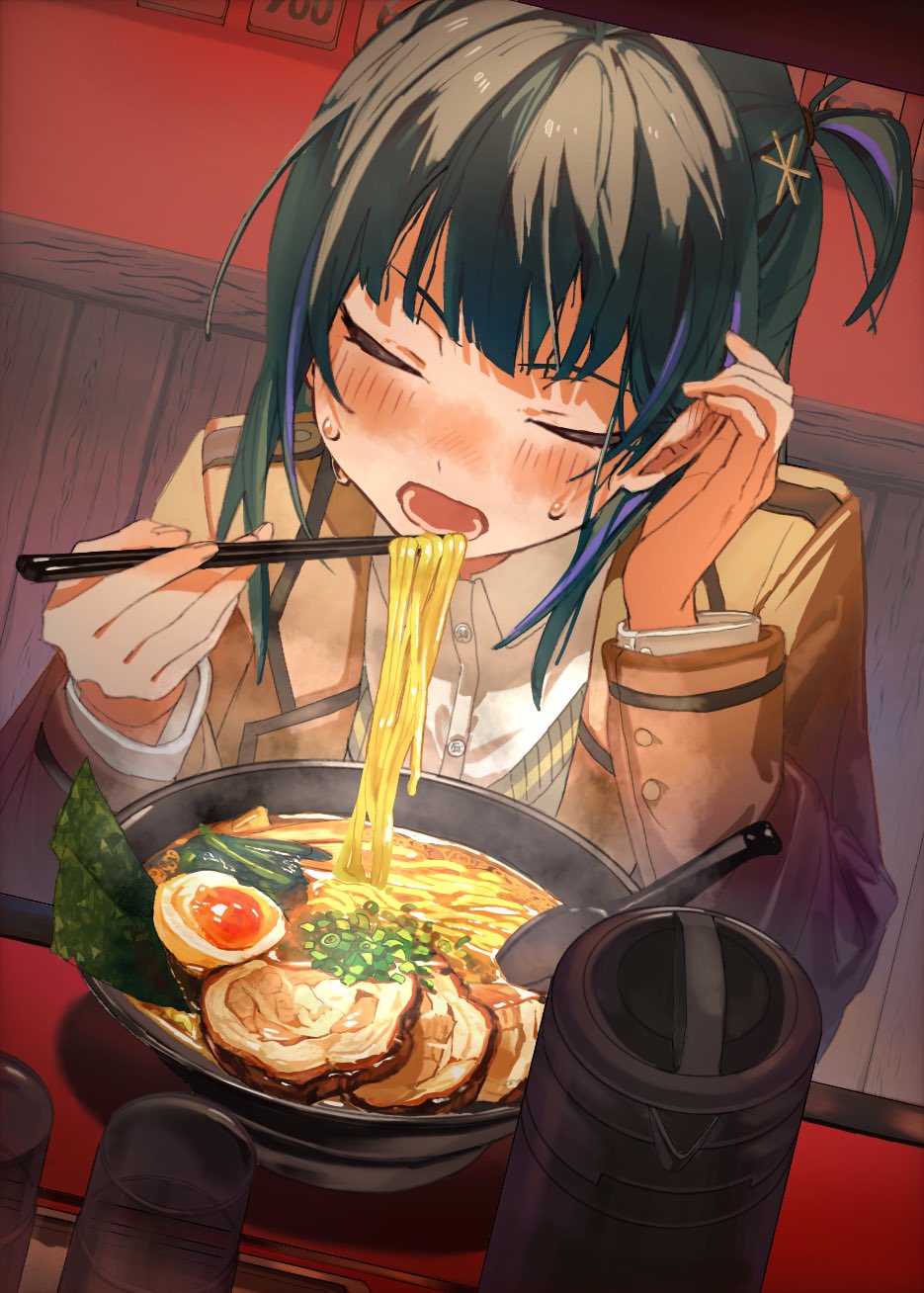 1girl :d bawa_(thankyousushi) blazer blush bowl brown_jacket chopsticks closed_eyes collared_shirt cup dot_nose drinking_glass dutch_angle eating facing_viewer food green_hair grey_sweater hair_ornament hair_tucking hand_in_own_hair highres holding holding_chopsticks idoly_pride indoors jacket komiyama_ai long_bangs long_hair long_sleeves multicolored_hair noodles nose_blush open_clothes open_jacket open_mouth pink_hair pitcher_(container) ramen school_uniform shadow shirt sitting smile solo star_(symbol) star_hair_ornament straight_hair streaked_hair sweat sweater table upper_body v-neck white_shirt