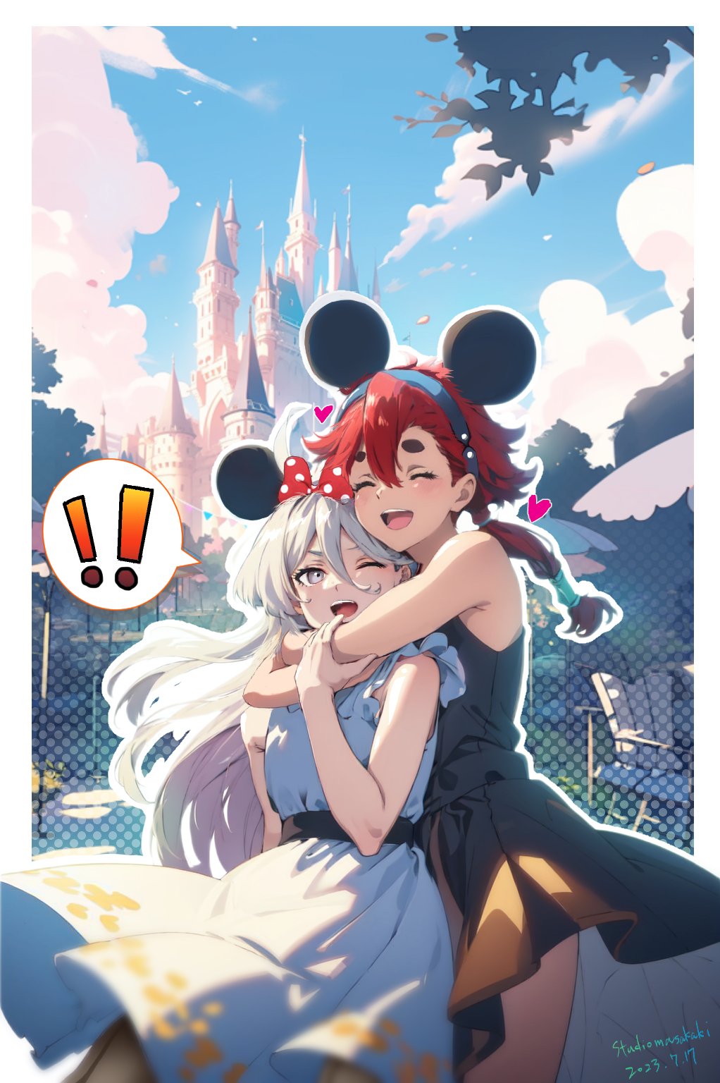 animal_ears artist_name blue_sky castle closed_eyes clouds cloudy_sky dated day disneyland dress fake_animal_ears grey_eyes gundam gundam_suisei_no_majo hairband happy heart highres hug hug_from_behind long_hair miorine_rembran mouse_ears musical_note one_eye_closed open_mouth outdoors park ponytail redhead sash sky smile spoken_musical_note studio_makagi suletta_mercury thick_eyebrows white_hair