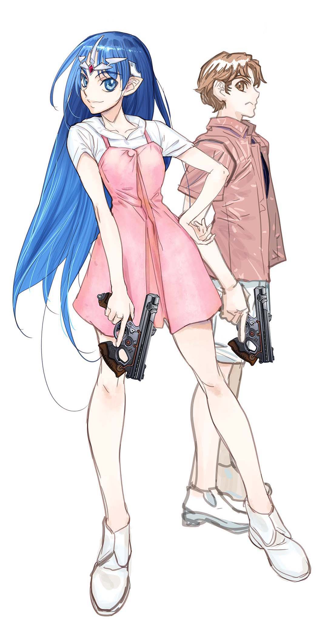 1boy 1girl blue_eyes breasts brown_eyes brown_hair collared_shirt frown full_body gun hair_behind_ear hand_on_own_hip highres holding holding_gun holding_weapon jinto lafiel long_hair pink_shirt pointy_ears seikai_no_senki shirt shoes shorts small_breasts smile trigger_discipline very_long_hair weapon white_background white_footwear white_shirt white_shorts yonemura_kouichirou
