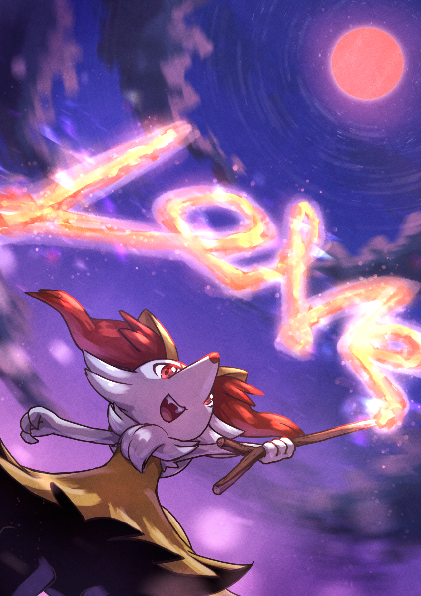 1girl animal_ear_fluff animal_ears animal_nose arm_up black_fur blue_sky body_fur braixen clouds commentary_request english_commentary english_text fangs flat_chest fox_ears from_below full_moon furry furry_female gradient_sky happy highres kotobukkii_(yt_lvlv) long_exposure looking_up mixed-language_commentary moon multicolored_fur neck_fur night open_mouth outdoors outstretched_arm partial_commentary pokemon pokemon_(creature) red_eyes red_moon sky smile snout solo star_(sky) starry_sky teeth white_fur writing yellow_fur