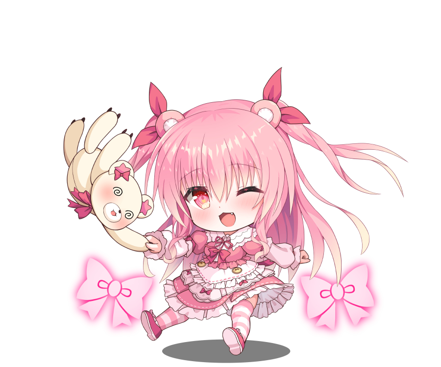 1girl ;d @_@ animal_ears apron bear_ears bettle_(b_s_a_n) bow chibi dress frilled_dress frills hair_between_eyes himekuma_ribon maid_apron monster_company official_art one_eye_closed pink_bow pink_dress pink_footwear pink_hair red_eyes smile striped striped_thighhighs stuffed_animal stuffed_toy teddy_bear thigh-highs two_side_up white_background