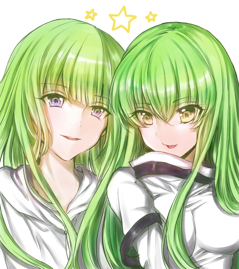 1boy 1girl :p blunt_bangs breasts c.c. close-up code_geass color_connection commentary_request crossover enkidu_(fate) eyelashes eyes_visible_through_hair fate/grand_order fate_(series) green_hair hair_between_eyes hair_color_connection hairstyle_connection large_breasts long_hair looking_at_viewer parted_lips rincha_(rinrinrincha) shirt side-by-side simple_background smile star_(symbol) straight_hair teeth tongue tongue_out upper_teeth_only very_long_hair violet_eyes white_background white_shirt yellow_eyes