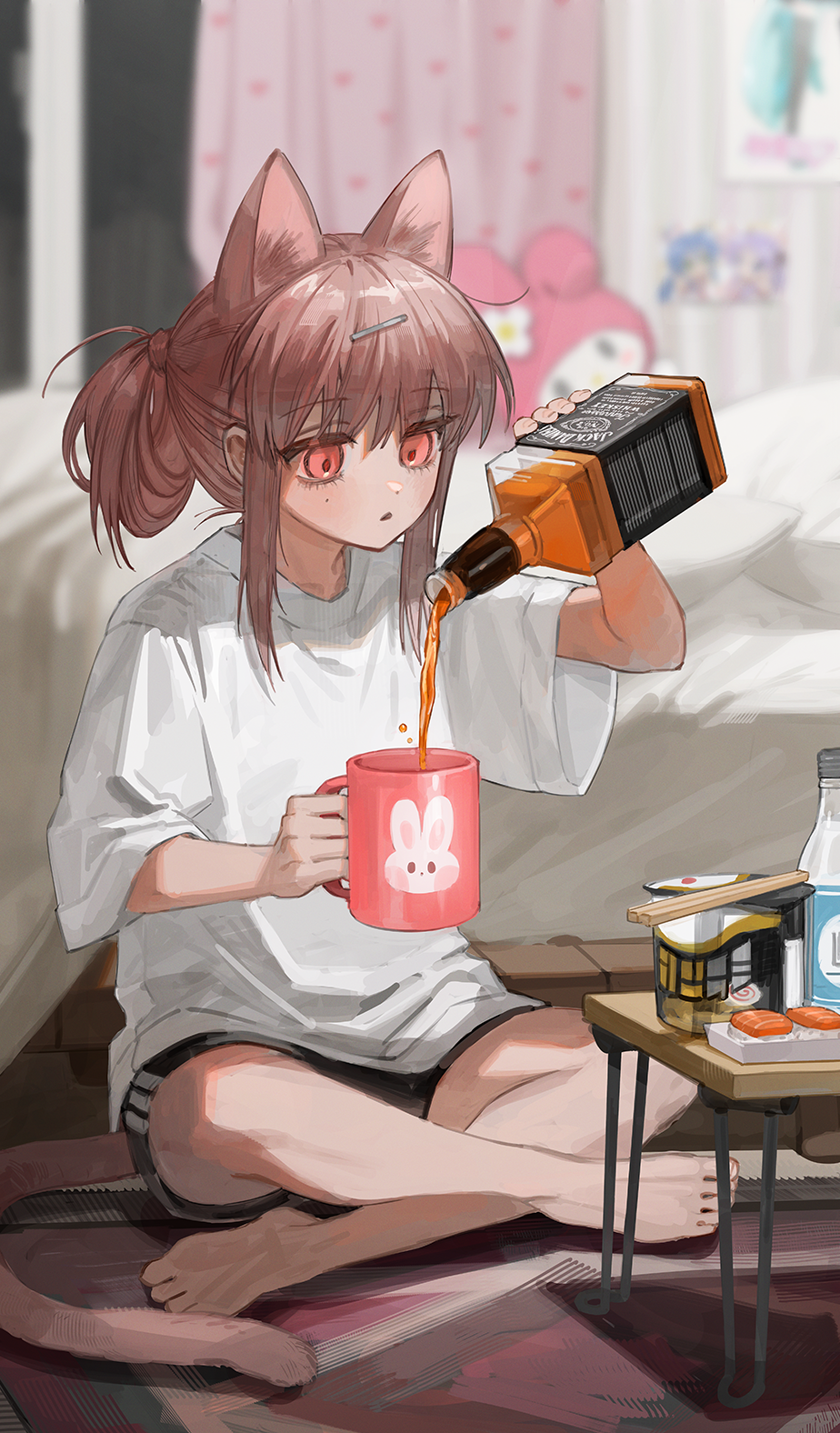 1girl alcohol animal_ears barefoot black_shorts blurry blurry_background brown_hair cat_ears cat_girl cat_tail commentary cup food frost_fog hair_ornament hairclip hatsune_miku highres hiiragi_kagami holding holding_cup izumi_konata jack_daniel's lucky_star mole mole_under_eye mug my_melody noodles onegai_my_melody open_mouth original ramen red_eyes shirt shorts sidelocks stuffed_toy sushi symbol-only_commentary tail vocaloid whiskey white_shirt