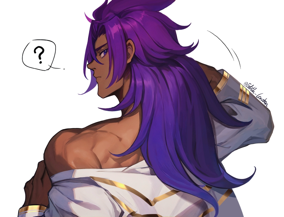 1boy ? bare_shoulders bhima_(fate) dark-skinned_male dark_skin edith-lang embroidery fate/grand_order fate_(series) gold_trim hair_between_eyes long_hair looking_at_viewer looking_back male_focus muscular muscular_male purple_hair removing_jacket shirt sidelocks signature violet_eyes white_background white_shirt