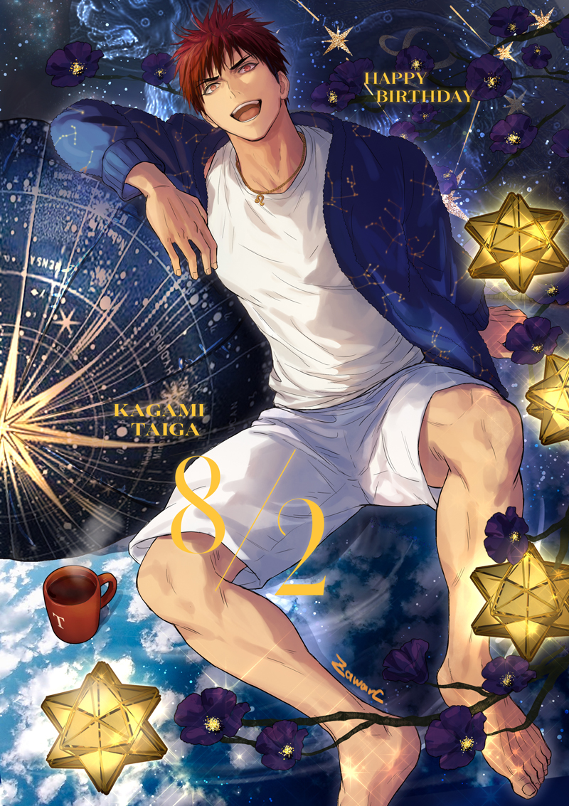1boy barefoot blue_jacket character_name cup english_text flower happy_birthday jacket jewelry kagami_taiga kuroko_no_basuke male_focus necklace open_clothes open_jacket open_mouth purple_flower red_eyes redhead short_hair shorts smile solo star_(sky) tank_top white_shorts white_tank_top zawar379