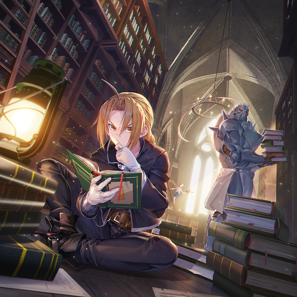 1boy 1other ahoge alphonse_elric armor baraba_baba black_footwear black_jacket black_pants blonde_hair book book_stack bookshelf chinese_commentary commentary_request edward_elric full_armor fullmetal_alchemist gloves hand_on_own_chin holding holding_book indoors jacket lantern library long_sleeves looking_at_another male_focus open_book pants reading sitting white_gloves yellow_eyes