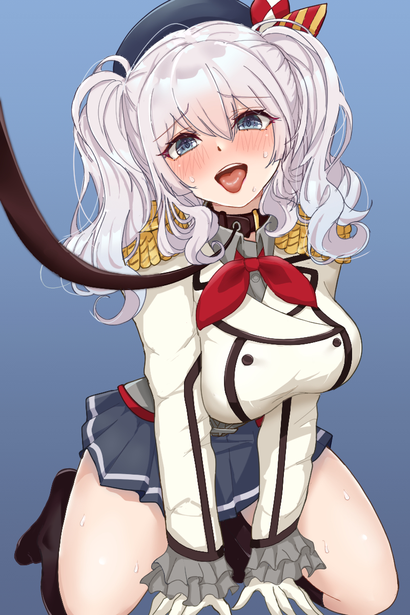 1girl ahegao blue_eyes blush breasts chamumi_(mochiumee) collar epaulettes full_body gloves highres kantai_collection kashima_(kancolle) kneehighs leash looking_at_viewer military_jacket miniskirt neckerchief open_mouth red_neckerchief rope sidelocks skirt socks solo tongue tongue_out white_gloves white_hair
