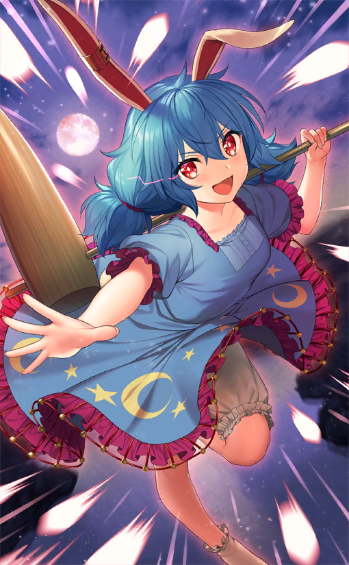 attack bloomers blue_dress blue_hair buttons collar crescent_print danmaku dress floppy_ears frilled_collar frilled_dress frilled_sleeves frills full_moon hammer holding holding_hammer leaning_forward low_twintails medium_hair moon night official_art open_mouth outstretched_arm over_shoulder puffy_short_sleeves puffy_sleeves rabbit red_eyes seiran_(touhou) shiba_0 short_dress short_sleeves smile socks speed_lines star_(symbol) star_print third-party_source touhou touhou_cannonball twintails underwear v-shaped_eyebrows weapon weapon_over_shoulder white_bloomers white_socks