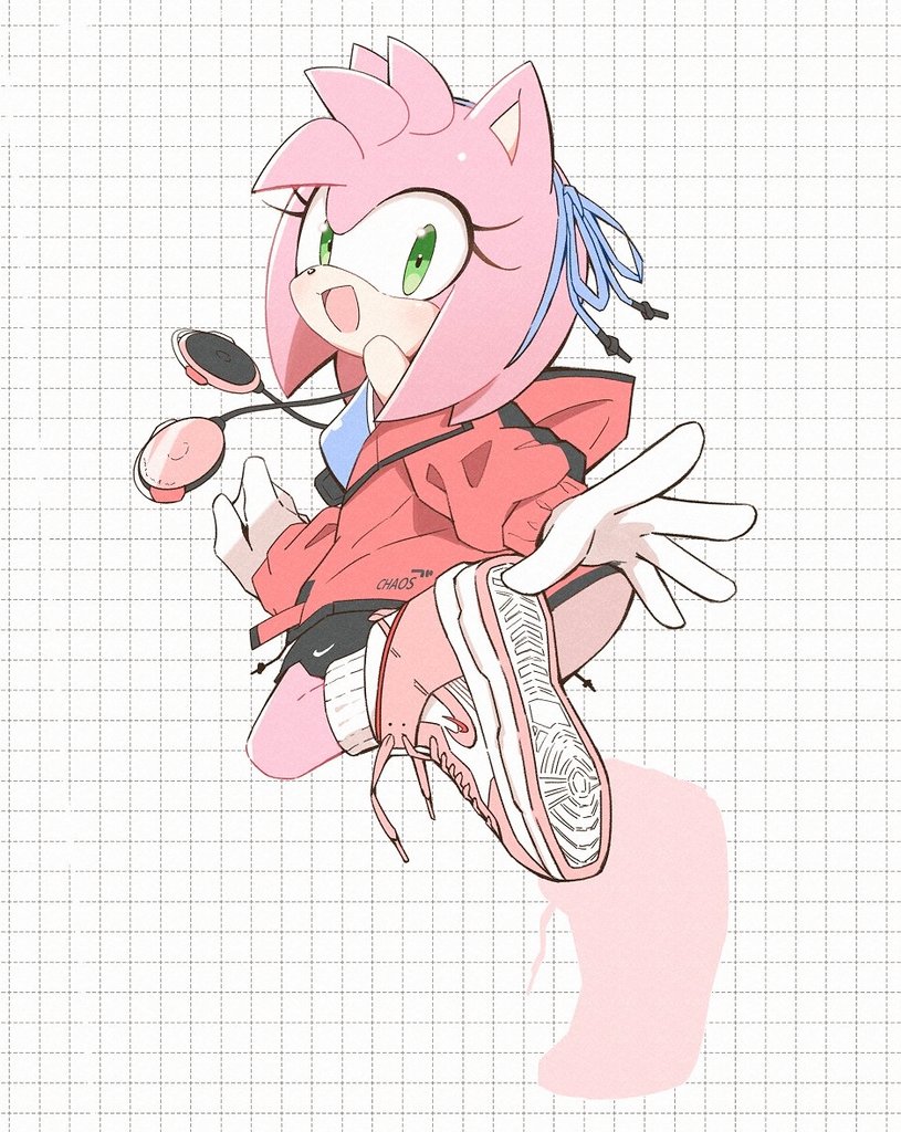 1girl alternate_costume amy_rose animal_ears animal_nose bare_shoulders black_shorts blue_hairband blue_ribbon blue_tank_top blush checkered_background clothes_writing collared_jacket commentary eyelashes full_body furry furry_female gloves green_eyes hairband hand_up headphones hedgehog_ears hedgehog_girl hood hooded_jacket jacket leg_up long_sleeves looking_at_viewer nike open_clothes open_jacket open_mouth pink_footwear pink_fur posojo123 puffy_long_sleeves puffy_sleeves red_jacket ribbon shoes shorts simple_background smile sneakers socks solo sonic_(series) standing standing_on_one_leg symbol-only_commentary tank_top tongue two-tone_footwear white_background white_footwear white_gloves white_socks