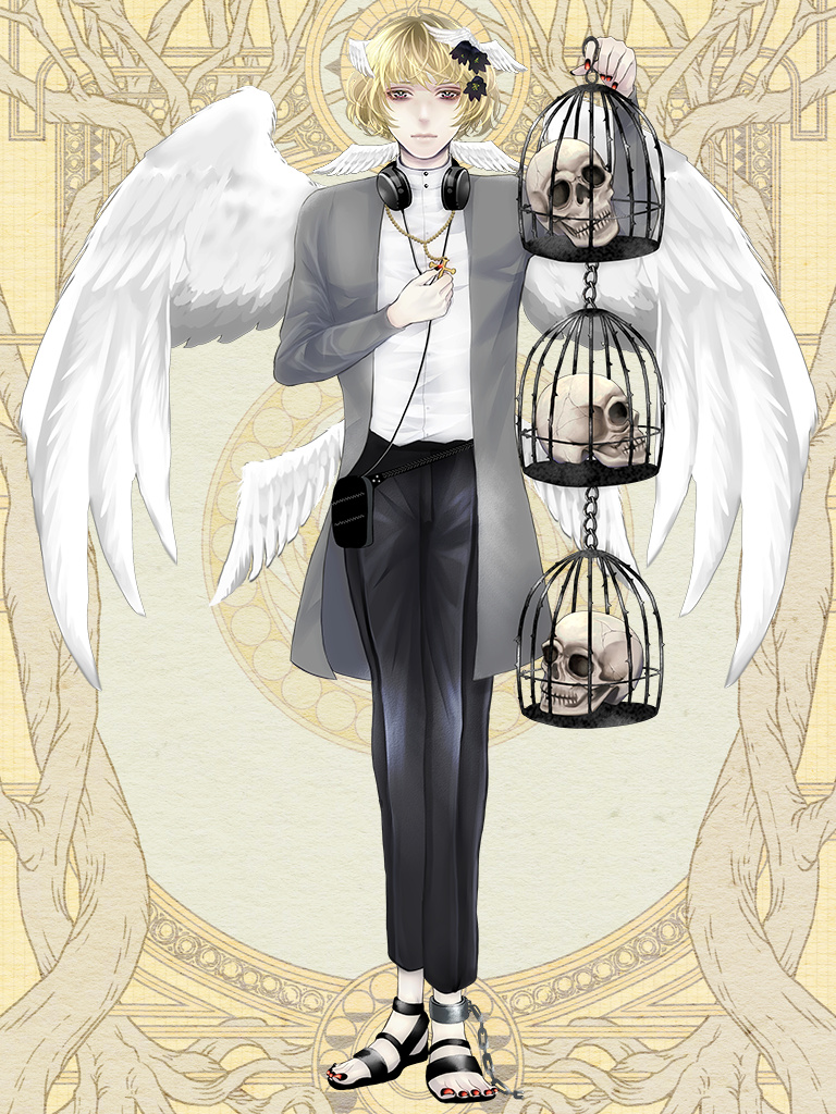 1boy august_altner birdcage black_pants blonde_hair cage cross cross_necklace dairoku_ryouhei feathered_wings fujimori_(tw) full_body grey_jacket hair_ornament headphones headphones_around_neck jacket jewelry male_focus necklace pants red_nails sandals shirt short_hair skull solo standing white_shirt white_wings wing_hair_ornament wings yellow_background