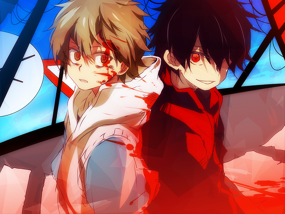 2boys amamiya_hibiya back-to-back black_hair blood blood_on_clothes blood_on_face blue_shirt blue_sky brown_hair casual colored_eyelashes commentary_request crosswalk dark_persona day double-parted_bangs evil_smile expressionless hair_between_eyes hood hood_down hoodie kagerou_days_(vocaloid) kagerou_project long_bangs looking_at_viewer looking_to_the_side male_focus multiple_boys nuriko-kun outdoors parted_lips power_lines red_hoodie road_sign shirt sideways_glance sign sketch sky sleeveless sleeveless_hoodie smile upper_body utility_pole