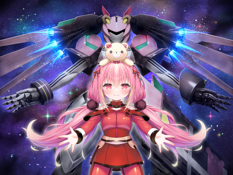 1girl bettle_(b_s_a_n) blush bow breasts hair_bow hair_ornament himekuma_ribon long_sleeves mecha monster_company night night_sky official_art pink_eyes pink_hair red_bow red_skirt robot skirt sky small_breasts standing star_(sky) starry_sky stuffed_animal stuffed_toy teddy_bear twintails virtual_youtuber