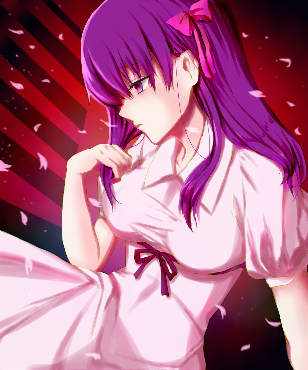 1girl bow breasts closed_mouth collared_dress commentary_request dress eyelashes eyes_visible_through_hair falling_petals fate/stay_night fate_(series) frown hair_between_eyes hair_bow hair_ribbon hand_up heaven's_feel highres large_breasts lips long_hair looking_down matou_sakura nose petals pink_bow pink_ribbon profile puffy_short_sleeves puffy_sleeves purple_hair red_background ribbon rincha_(rinrinrincha) short_sleeves sidelocks simple_background solo straight_hair vignetting violet_eyes white_dress