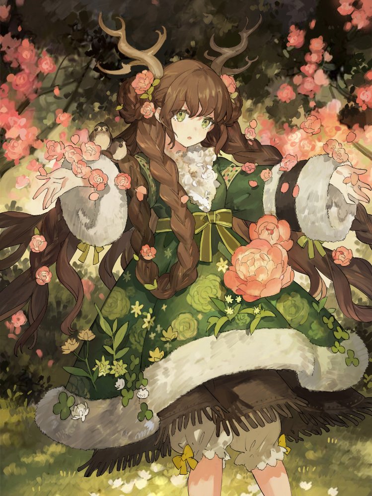 1girl :o animal_on_arm antlers bird bird_on_arm bloomers bow braid brown_hair bush choppy_bangs clover_(flower) double_bun dress dress_flower feet_out_of_frame floral_print flower fringe_trim fur-trimmed_dress fur-trimmed_sleeves fur_trim grass green_dress green_eyes hair_bun hair_flower hair_flowing_over hair_ornament layered_dress leaf long_hair long_sleeves looking_at_viewer original outdoors outstretched_arms pink_flower side_braids solo standing starshadowmagician tree underwear waist_bow wavy_hair white_flower