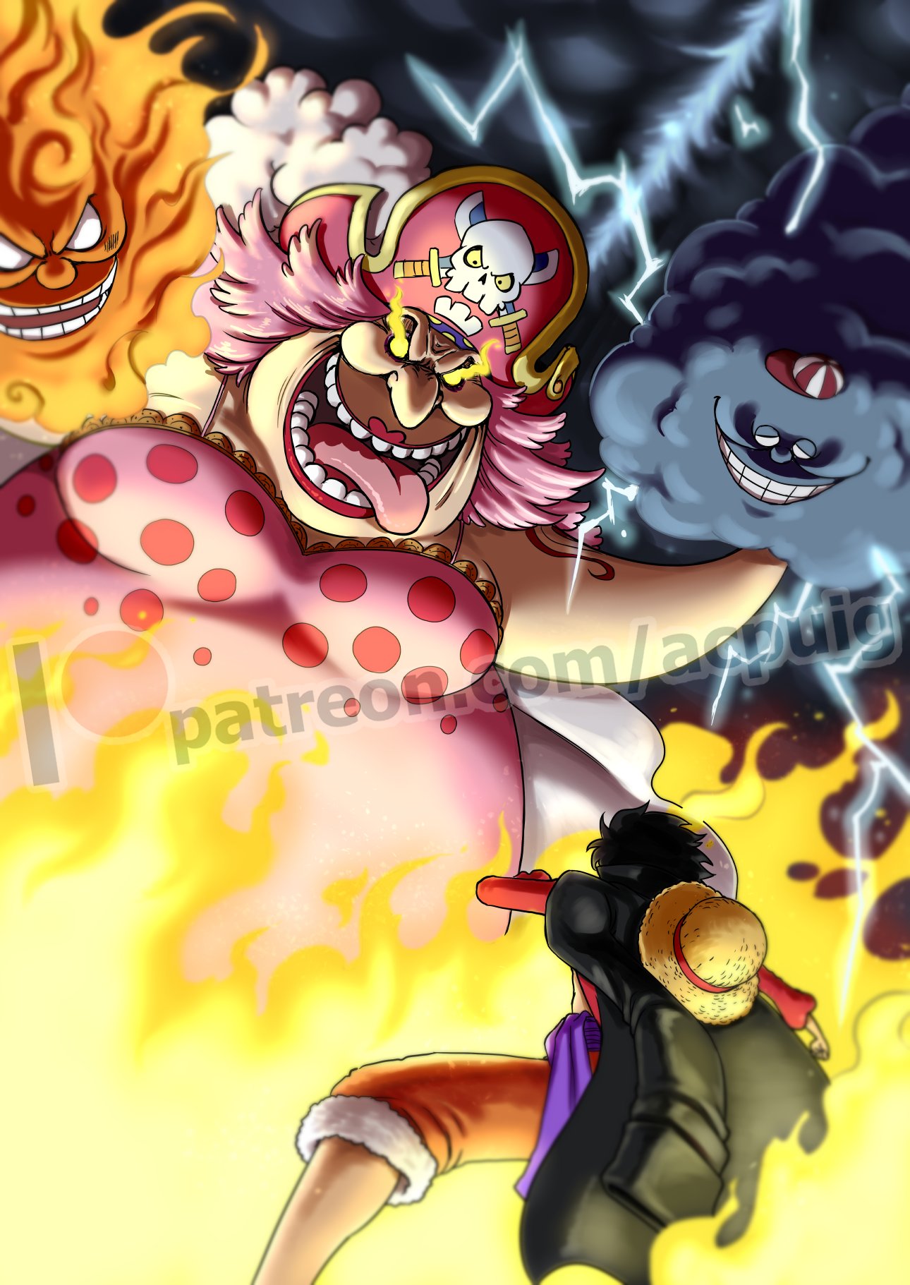 1girl 4boys acpuig black_hair charlotte_linlin clouds curly_hair empty_eyes fire hat hat_removed headwear_removed highres lightning lipstick long_hair makeup monkey_d._luffy multiple_boys napoleon_(one_piece) one_piece open_mouth pink_hair pirate_hat prometheus_(one_piece) short_hair smile straw_hat teeth tongue tongue_out web_address zeus_(one_piece)