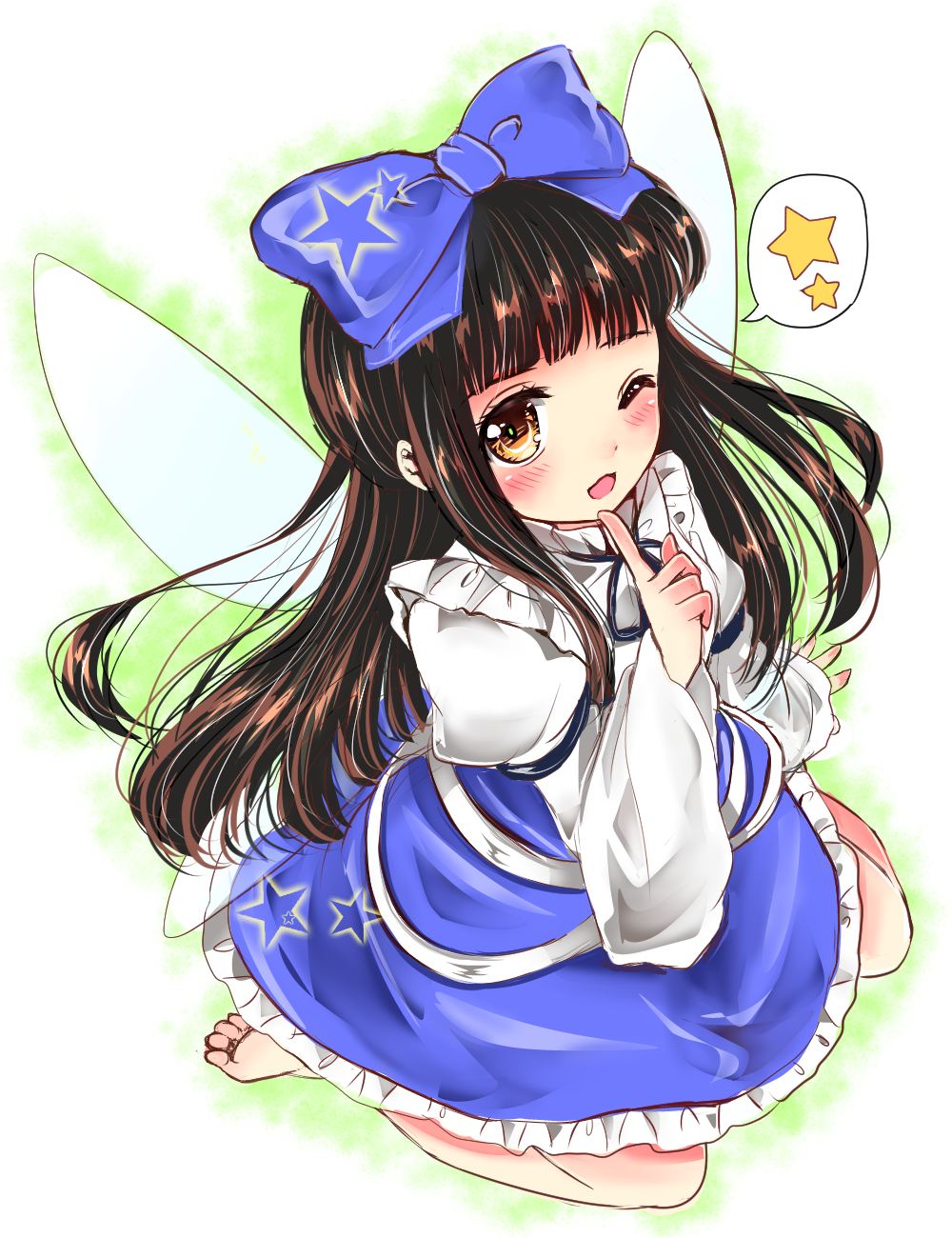 1girl ;d arm_support bare_legs barefoot blue_bow blue_dress blunt_bangs blush bow brown_eyes brown_hair commentary_request dress fairy_wings floating_hair frilled_shirt_collar frills from_above hair_bow highres index_finger_raised juliet_sleeves long_hair long_sleeves looking_at_viewer one_eye_closed open_mouth puffy_sleeves ramudia_(lamyun) sidelocks simple_background smile solo spoken_star star_(symbol) star_sapphire touhou upturned_eyes very_long_hair white_background wide_sleeves wings