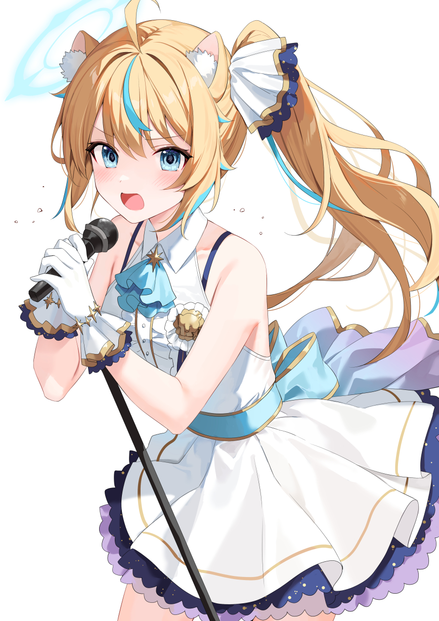 1girl ahoge animal_ear_fluff animal_ears bare_shoulders belt blonde_hair blue_eyes bra_strap collared_dress cowboy_shot dress gloves gold_trim halo highres holding indie_virtual_youtuber long_hair looking_at_viewer microphone microphone_stand multicolored_hair open_mouth shidou_lio side_ponytail simple_background sleeveless sleeveless_dress solo streaked_hair virtual_youtuber white_background white_dress white_gloves yon_(letter)