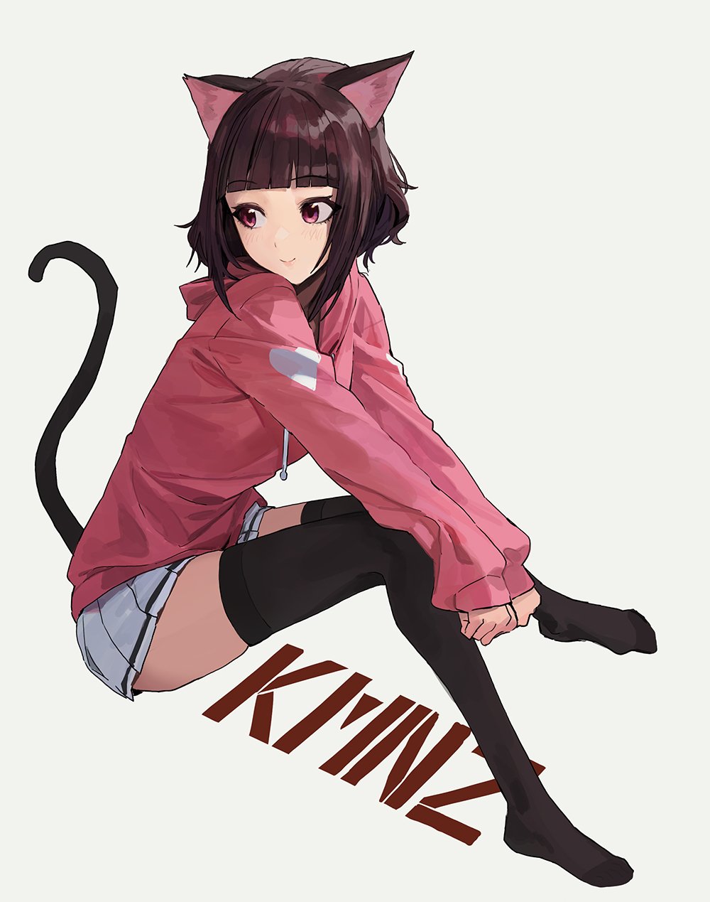 1girl animal_ears black_hair black_tail black_thighhighs blunt_bangs cat_ears cat_girl cat_tail commentary_request drawstring earphones full_body hands_on_own_knees head_tilt heart highres hood hood_down hoodie kmnz knees_together_feet_apart long_sleeves looking_back looking_to_the_side mc_liz medium_hair miniskirt modare pink_eyes pink_hoodie pleated_skirt puffy_sleeves sidelocks simple_background sitting skindentation skirt sleeves_past_wrists smile solo streetwear tail tail_raised thigh-highs thighs virtual_youtuber white_background white_skirt zettai_ryouiki