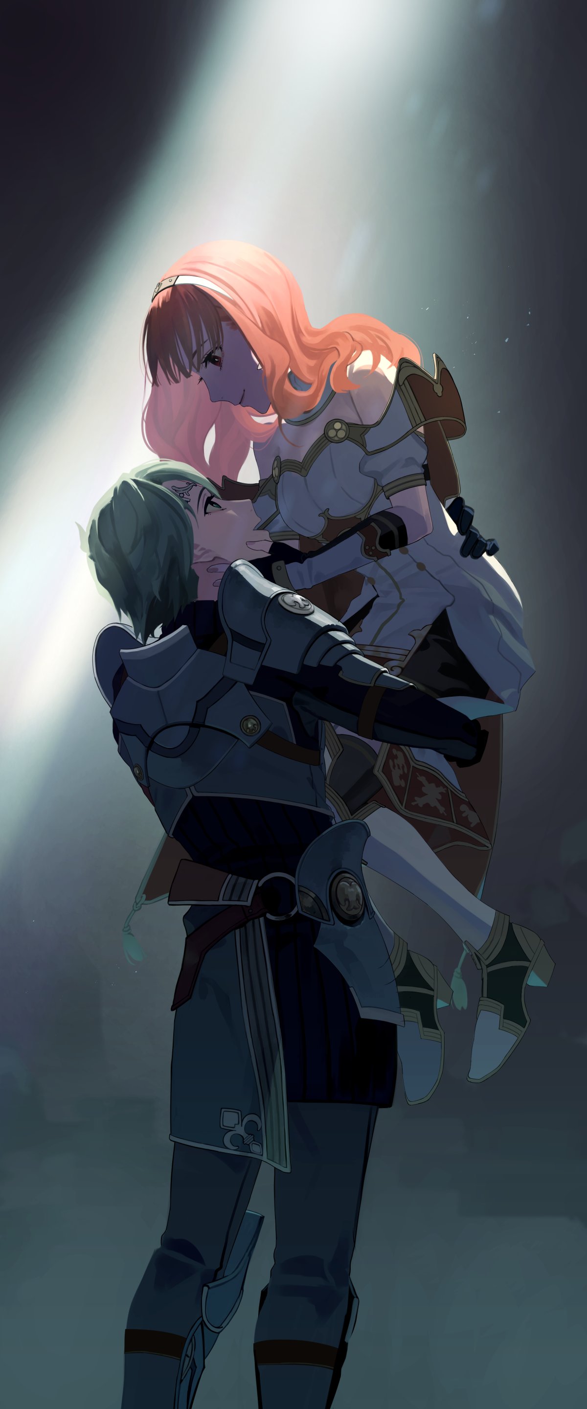 1boy 1girl absurdres alm_(fire_emblem) armor breasts celica_(fire_emblem) couple dress fire_emblem fire_emblem_echoes:_shadows_of_valentia green_eyes green_hair hetero high_heels highres lifting_person long_hair looking_at_another looking_down looking_up medium_breasts orange_eyes orange_hair short_hair smile socks strapless strapless_dress white_dress white_footwear yama0109